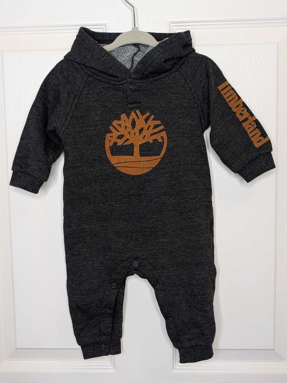 Timberland Charcoal Grey Hooded Baby One-Piece Jumpsuit Onesie Brown Logo 6-9M